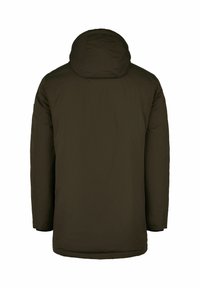 Parka sombre verte à capuche avec une texture lisse, légèrement rembourrée, présentant une coupe droite et des poignets élastiques. Design minimaliste, sans matériel visible.