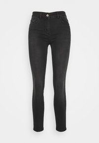 Black skinny jeans made of denim, featuring a high waist, five-pocket design, and silver button hardware at the front. Smooth texture.