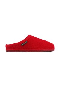 Pantofola rossa in feltro con punta arrotondata, design con tallone aperto e suola in gomma testurizzata. Presenta una rifinitura cucita e una piccola etichetta sul lato.
