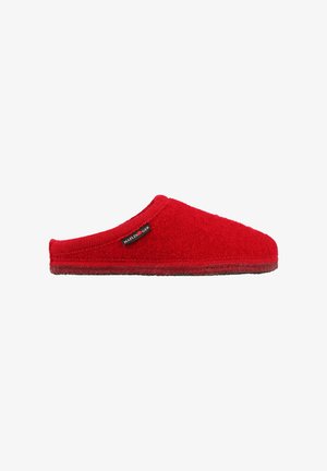 Red felt slipper with a rounded toe, open heel design, and textured rubber sole. Features a stitched trim and a small label on the side.