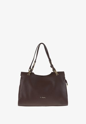 Bruine leren handtas met een textuur oppervlak, twee lange handvatten, gouden accenten en een subtiele reliëflogo aan de voorkant.