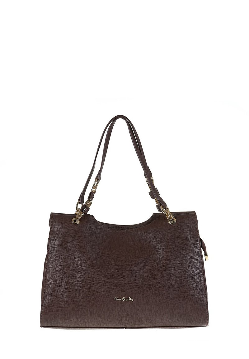 Borsa a tracolla in pelle marrone con superficie texturizzata, due lunghe cinghie, dettagli in ottone dorato e un logo goffrato discreto sul davanti.