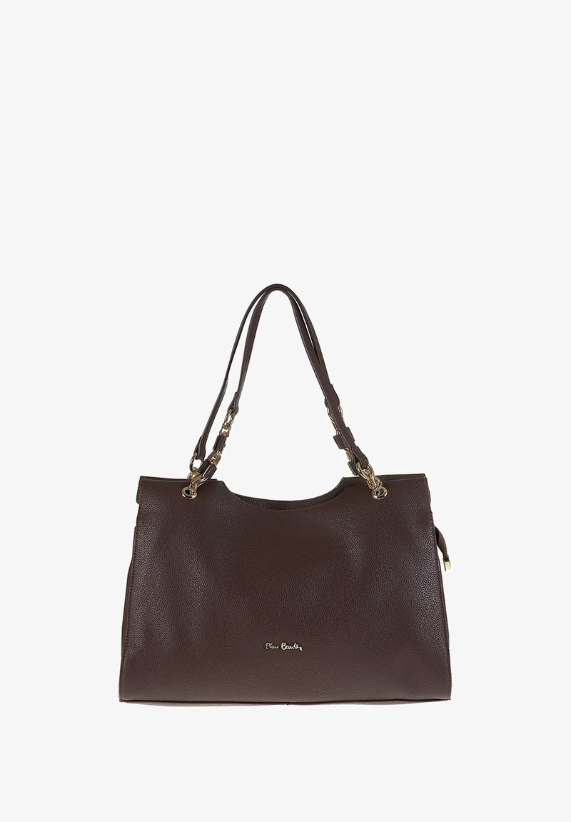 Borsa a tracolla in pelle marrone con superficie texturizzata, due lunghe cinghie, dettagli in ottone dorato e un logo goffrato discreto sul davanti.