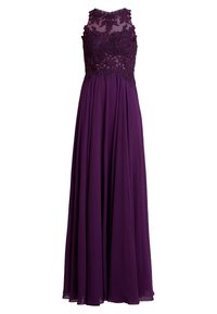 Fioletowa wieczorowa sukienka z dopasowanym gorsetem, ozdobiona misternym haftem i przezroczystą powłoką, płynąca w długą, plisowaną spódnicę.