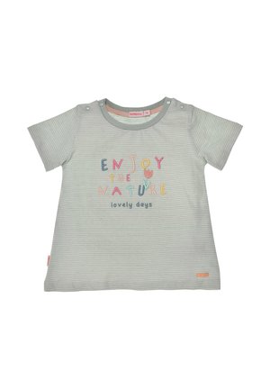 Hellgraues gestreiftes Kleinkindshirt mit mehrfarbig besticktem Text „Enjoy the nature, lovely days“ und einem kleinen Tulpenmotiv auf der Vorderseite.