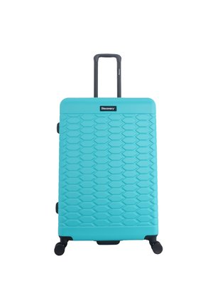 Hard-shell suitcase in bright turquoise with a textured honeycomb pattern, retractable handle, and four black wheels for mobility.