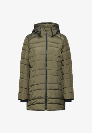 Veste matelassée vert olive avec capuche, présentant un zip à l'avant, une texture piquée horizontale et des poignets côtelés pour plus de chaleur.