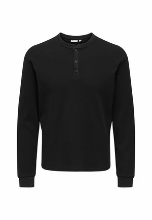 Sort langærmet henley-shirt lavet af tekstureret stof med tre-knaps placket, rund hals og tætsiddende manchetter.