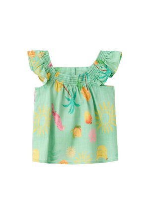 Haut sans manches vert menthe pour tout-petit avec bretelles à volants, présentant des imprimés colorés de soleils, d'ananas, de bananes, de pêches, de feuilles de palmier et un oiseau rose.