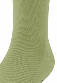 Calzino verde chiaro con un motivo testurizzato a coste, con il tallone e un piccolo logo visibili sul bordo inferiore.