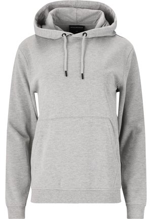 Hoodie gris en coton doux avec une poche kangourou, capuche ajustable avec cordon de serrage, et poignets et ourlet côtelés. Design simple et sans embellissement.