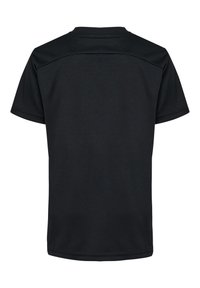 Polo shirt noir à manches courtes avec une texture lisse, design col et détails de couture aux épaules. Sans graphismes ni motifs.