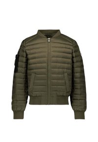 Giacca bomber imbottita verde oliva con zip davanti, colletto a costine, polsini, orlo e tasca con zip sulla manica sinistra.