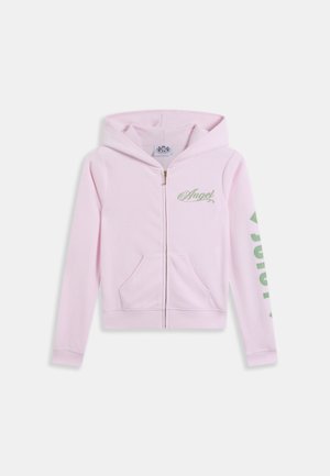 Pink zip-up hoodie made from soft fabric. Features a kangaroo pocket, hood, with "Angel" text in green script on the chest and "2020" on the sleeve.