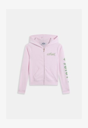 Pink zip-up hoodie made from soft fabric. Features a kangaroo pocket, hood, with "Angel" text in green script on the chest and "2020" on the sleeve.