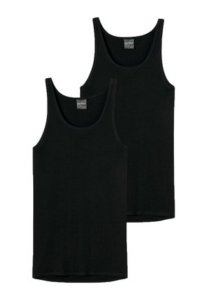 Two plain black sleeveless tank tops, one slightly overlapping the other, laid flat with visible brand tags inside the collars.