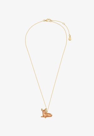 Kuldne kett kaelakee väikese, detailse ripatsiga, mis kujutab puhket olekus metskitselast valgete täppidega, varustatud homaarklambri ja reguleeritava pikendusega.