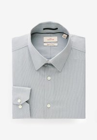 Light blue, textured dress shirt with a spread collar, long cuffed sleeves, and white buttons. Label reads "NEXT SIGNATURE."
