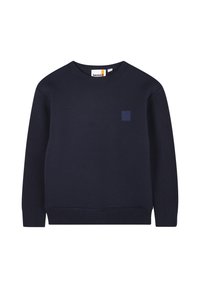 Granatowy sweter dziany z okrągłym dekoltem, ściągaczowymi mankietami i dołem, z wzorzystymi rękawami oraz małą naszywką z logo.