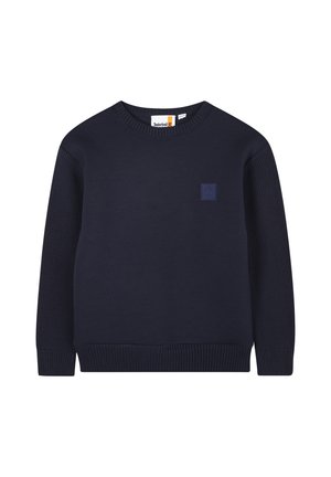 Granatowy sweter dziany z okrągłym dekoltem, ściągaczowymi mankietami i dołem, z wzorzystymi rękawami oraz małą naszywką z logo.
