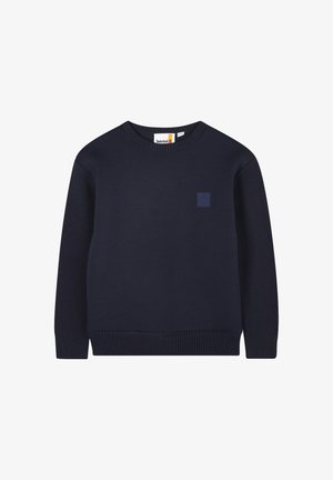 Maglione lavorato a maglia blu navy con collo rotondo, polsini e orlo a coste, caratterizzato da un motivo testurizzato sulle maniche e un piccolo logo patch.
