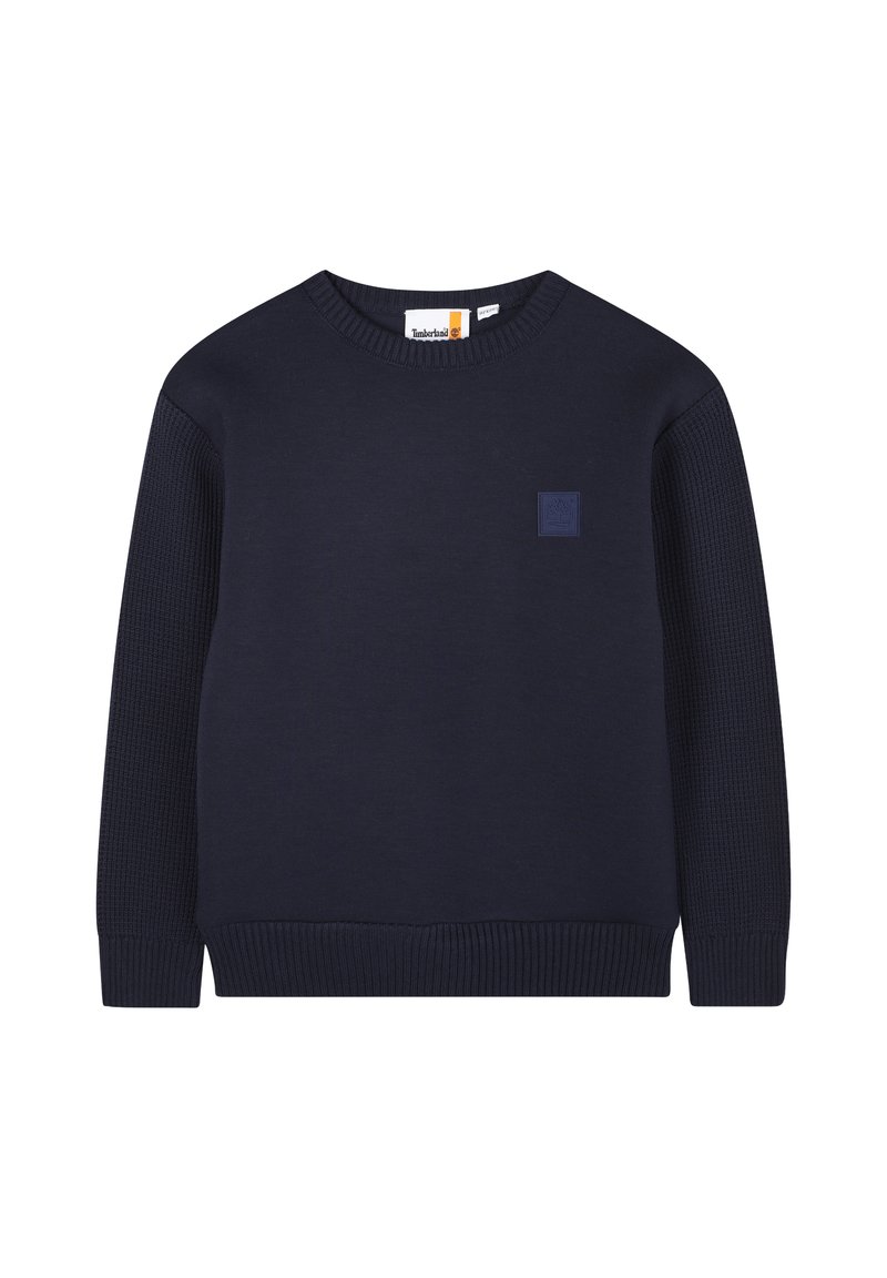 Granatowy sweter dziany z okrągłym dekoltem, ściągaczowymi mankietami i dołem, z wzorzystymi rękawami oraz małą naszywką z logo.