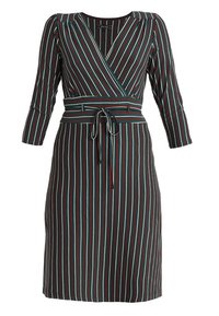 Zavinovací šaty s tříčtvrtečními rukávy, zúženým pasem a vertikálními pruhy v odstínech modrozelené, červené a krémové na tmavém pozadí.