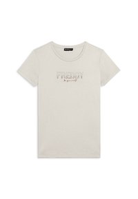 T-shirt in cotone beige chiaro con scollatura rotonda, maniche corte e scritta frontale "FREDDY" in un design sottile con colori di accento.
