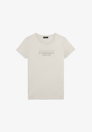T-shirt in cotone beige chiaro con scollatura rotonda, maniche corte e scritta frontale "FREDDY" in un design sottile con colori di accento.