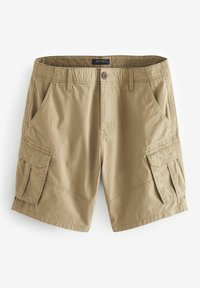 Pantaloni cargo beige con due tasche laterali e due tasche cargo. Realizzati in tessuto leggero con dettagli cuciti e chiusura con bottone.