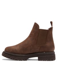 Brown leather ankle boot with elastic side panels, round toe, sturdy rubber sole, and pull tab. Textured finish and contrasting stitching detail.