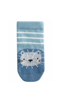 Calzino blu a righe con un design di faccia di lontra in stile cartone animato sulla punta; presenta un polsino a costine e una texture morbida, adatto per l'uso casual.