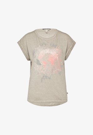 Heled beezž t-särk lühikeste varrukatega ja ümarate kaelustega, millel on keskel hõbedastes ja korallivärvides abstraktne graafika.