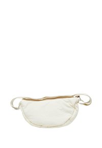 Cream-colored fabric waist bag with adjustable strap and zipper closure, minimalist design on a white background.