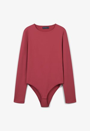 Body a maniche lunghe, rosa polveroso, con scollatura rotonda e chiusura a scatto all'inguine, esposto piatto su uno sfondo bianco.