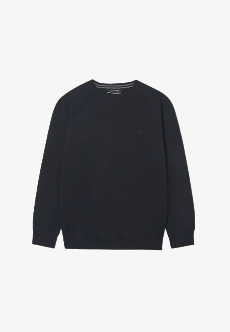 Maglione nero a girocollo con maniche raglan, realizzato in tessuto a maglia testurizzato. Presenta polsini e orlo a costine, con un sottile dettaglio del logo.