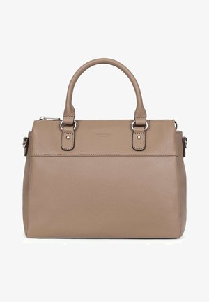 Tan leren handtas met dubbele handvatten, ritssluiting en zilverkleurige hardware. Gladde textuur met een minimalistisch ontwerp en een rechthoekige vorm.