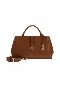 Sac à main en cuir marron avec un design structuré, des garnitures dorées, une bandoulière amovible, et un petit détail de serrure. Présente un logo "GUESS" embossé.