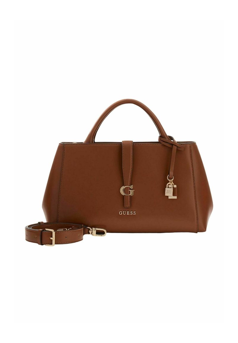 Sac à main en cuir marron avec un design structuré, des garnitures dorées, une bandoulière amovible, et un petit détail de serrure. Présente un logo "GUESS" embossé.
