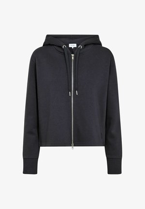 Donkergrijze cropped hoodie van een katoenmix, met een rits aan de voorkant, verstelbare capuchon en geribbelde manchetten. Eenvoudig ontwerp zonder patronen.