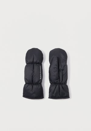Black insulated mittens with a quilted design, elastic cuffs, and a logo on the side. Made from a smooth, water-resistant material.
