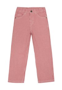 Rot-weiße gestreifte Hose aus Baumwolle, mit Knopfverschluss, Fronttaschen und geradem Bein-Design.