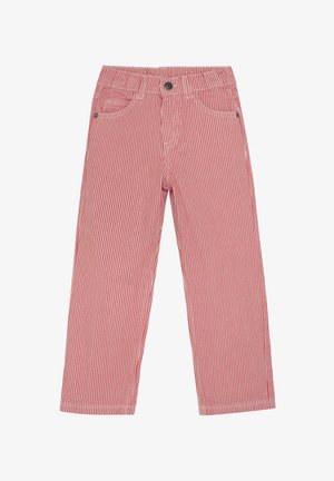 Rot-weiße gestreifte Hose aus Baumwolle, mit Knopfverschluss, Fronttaschen und geradem Bein-Design.