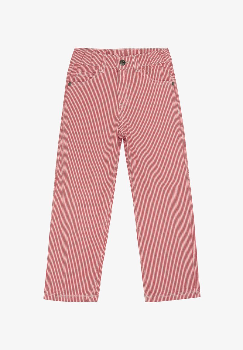 Red and white striped pants made from cotton, featuring a button closure, front pockets, and a straight-leg design.