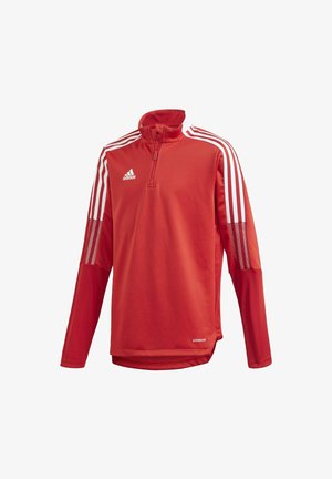Red long-sleeve sports top with a quarter-zip collar. Features white three-stripe accents on sleeves. Made of lightweight, breathable material.