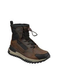 Scarpa da escursionismo marrone e nera con una tomaia in pelle texturizzata, pannelli in rete, suola in gomma e chiusura con lacci dotata di sistema a toggle.