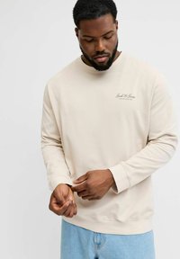 Bež pulover z dolgimi rokavi in rebrastimi zapestji. Na prsih ima majhen logotip. Nošen je s svetlo modrimi kavbojkami.