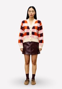 Vrouw in een multicolor geblokte cardigan met beige knopen, een donker burgundy leren rok, donkere sokken en bruine schoenen, staande tegen een witte achtergrond.