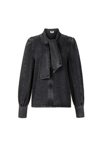 Schwarze gewaschene Jeansbluse mit langen Ärmeln, gepufften Schultern und einer vorderen Krawattenhalsdetails.