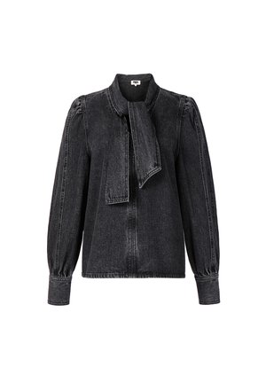 Zwarte gewassen denim blouse met lange mouwen, opgezette schouders en een strikdetail aan de voorkant van de hals.